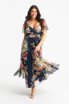 Kemi Navy Red Print Bolero Wrap Bodice Maxi Gown