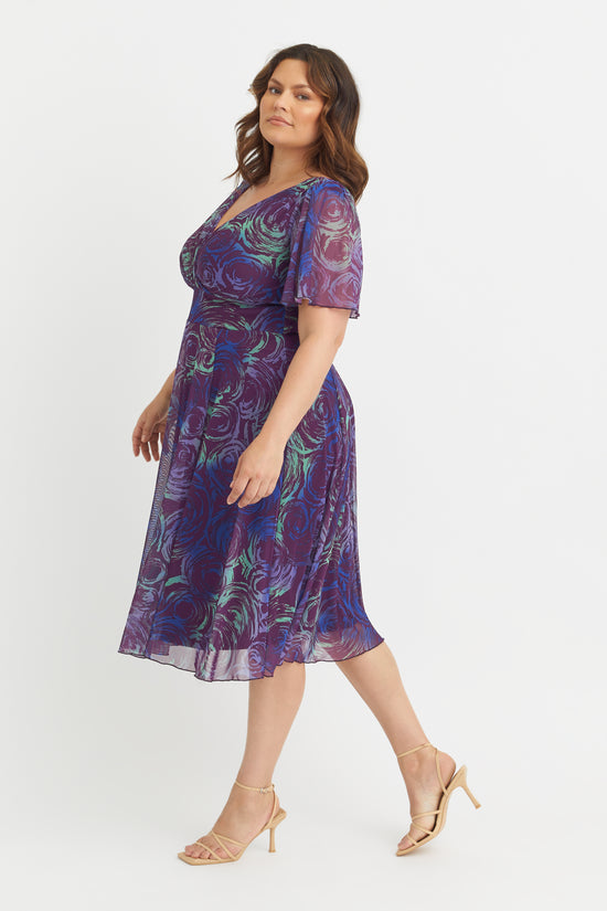 Load image into Gallery viewer, Victoria Purple Blue Angel Sleeve Mesh Midi Dress
