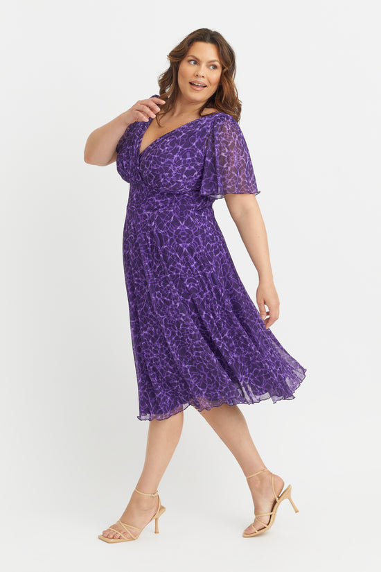 Victoria Purple Multi Angel Sleeve Mesh Midi Dress