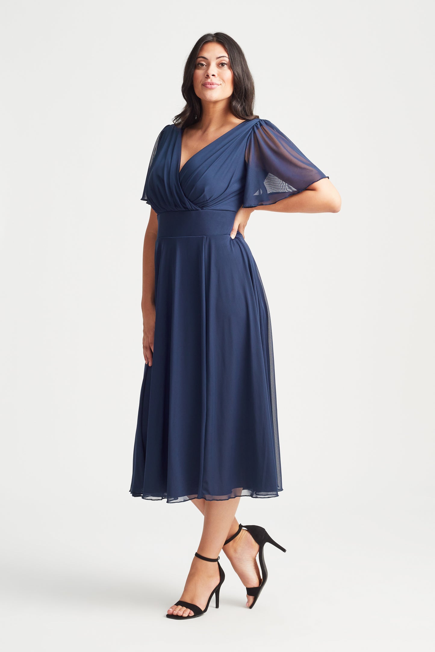 Load image into Gallery viewer, Victoria Navy Angel Sleeve Mesh Midi Dress
