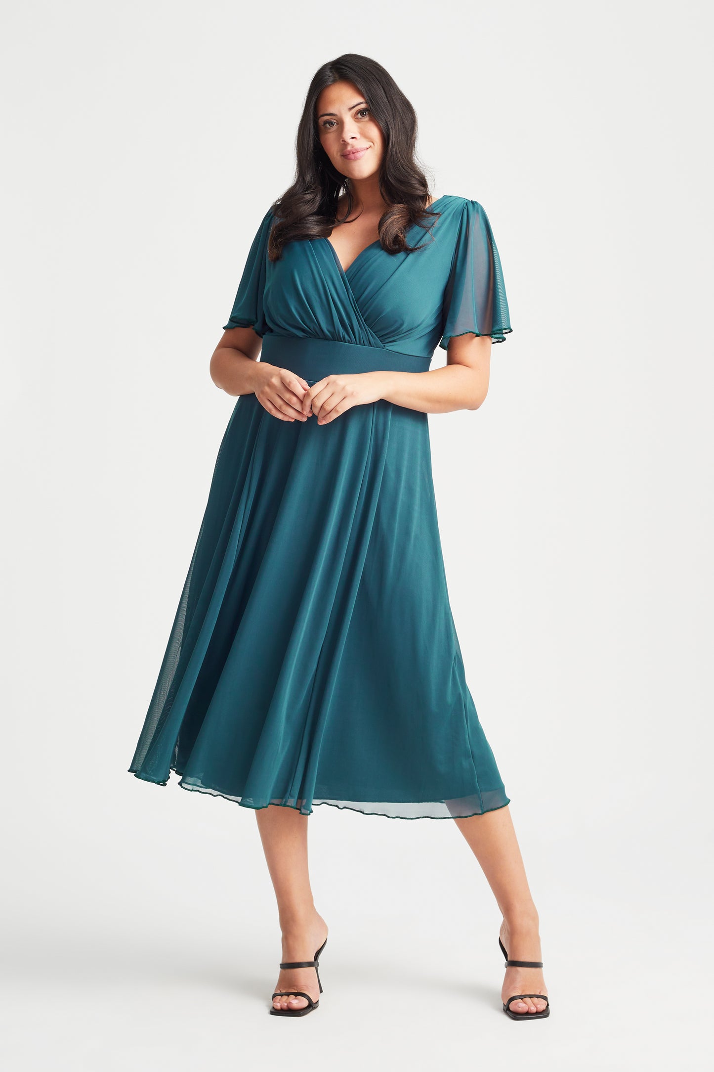 Load image into Gallery viewer, Victoria Teal Blue Angel Sleeve Mesh Midi Dress
