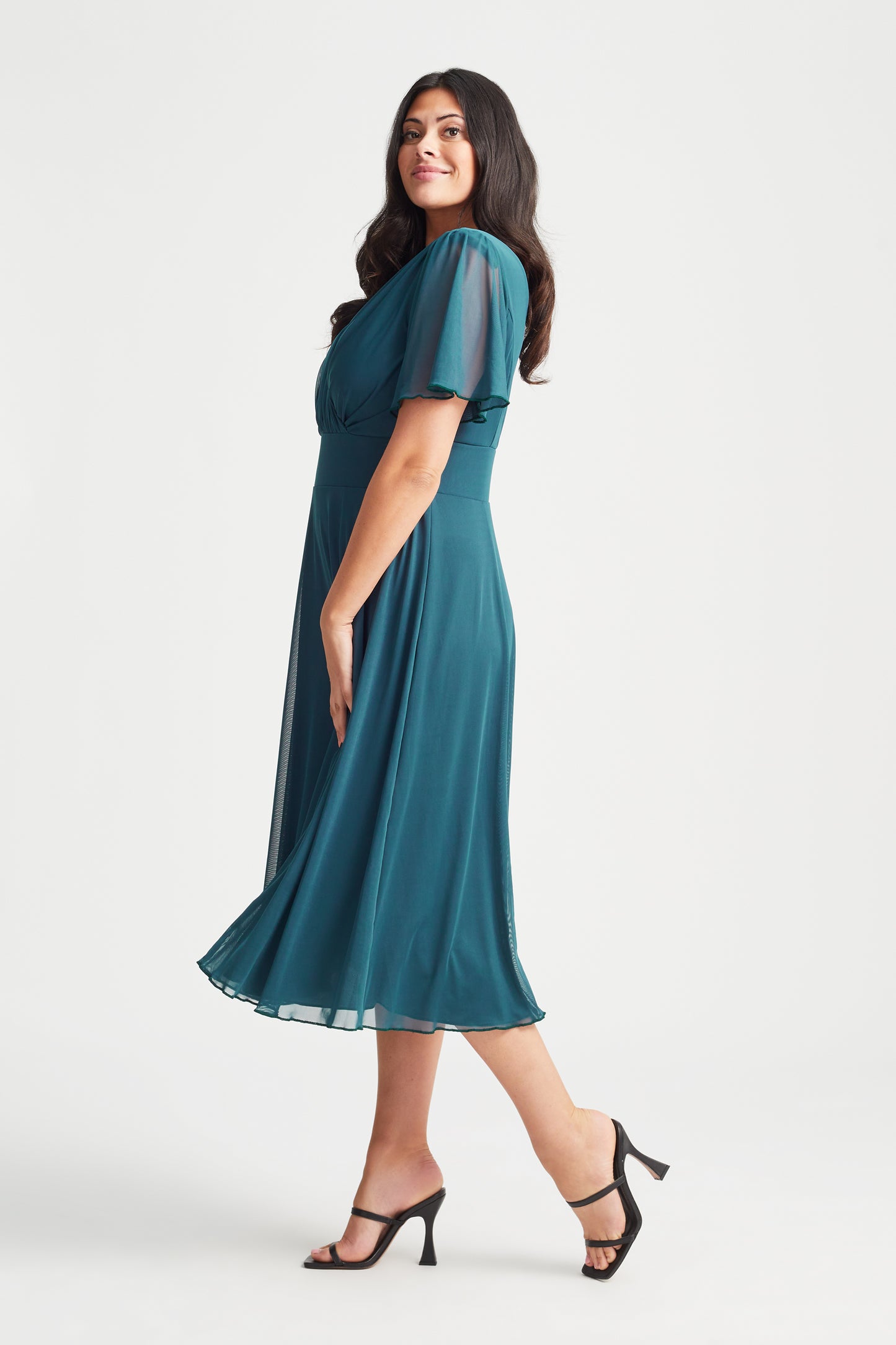 Load image into Gallery viewer, Victoria Teal Blue Angel Sleeve Mesh Midi Dress
