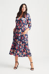 1940s Vintage Plus Size Wrap Front Midi Dress in Blue Red