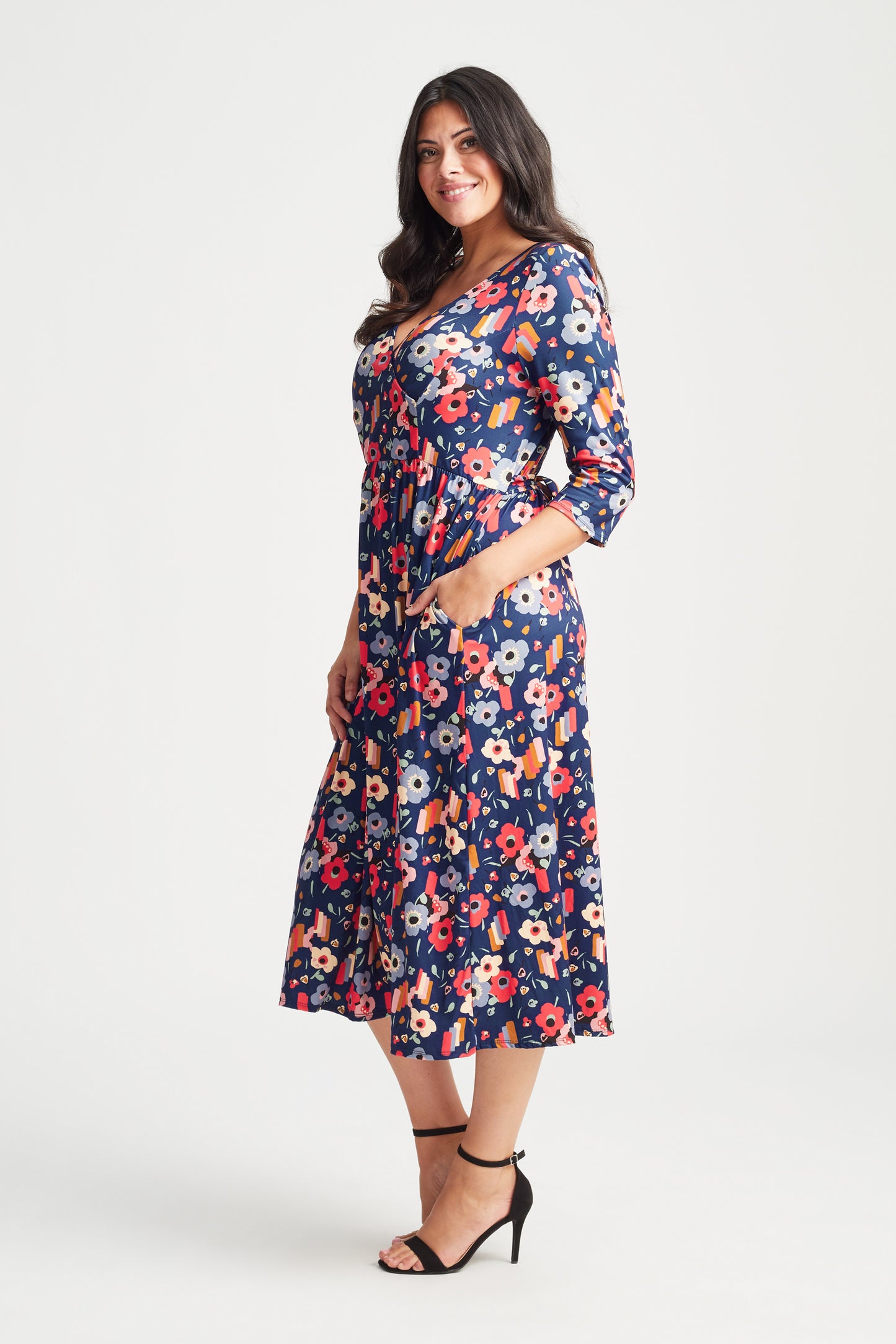 Wrap Front Blue Red '1940's' Midi Dress