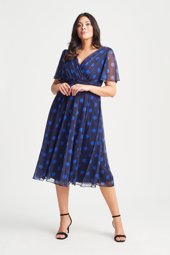 Load image into Gallery viewer, Victoria Blue Spot Angel Sleeve Mesh Midi Dress
