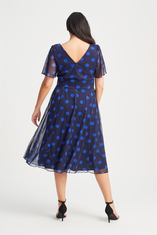 Load image into Gallery viewer, Victoria Blue Spot Angel Sleeve Mesh Midi Dress
