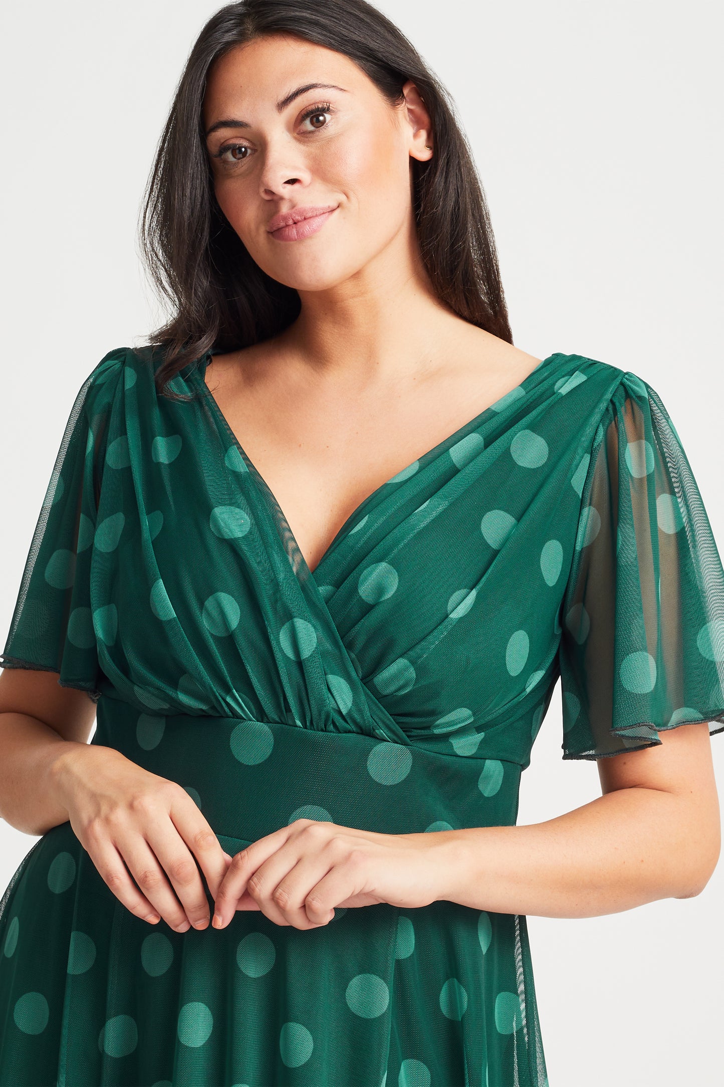 Victoria Green Spot Angel Sleeve Mesh Midi Dress – Scarlett & Jo