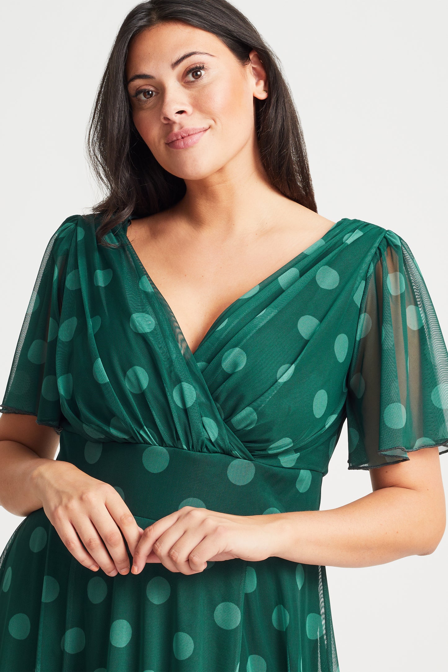 Load image into Gallery viewer, Victoria Green Spot Angel Sleeve Mesh Midi Dress
