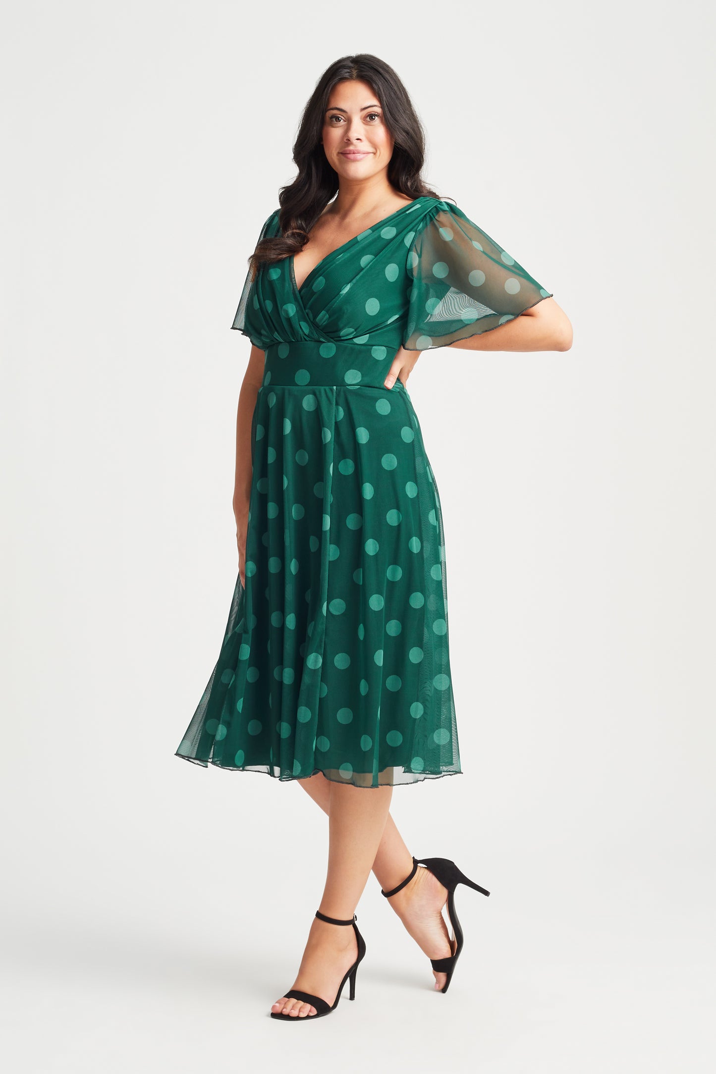 Victoria Green Spot Angel Sleeve Mesh Midi Dress  Scarlett & Jo