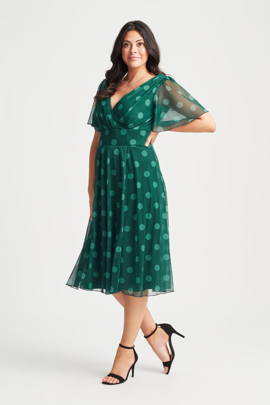 Load image into Gallery viewer, Victoria Green Spot Angel Sleeve Mesh Midi Dress
