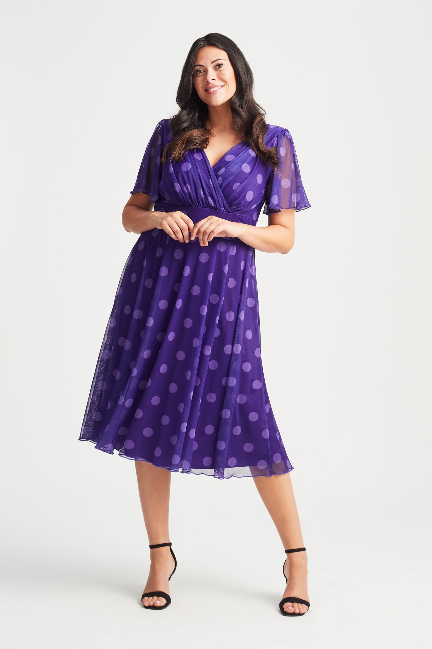 Victoria Purple Spot Angel Sleeve Mesh Midi Dress