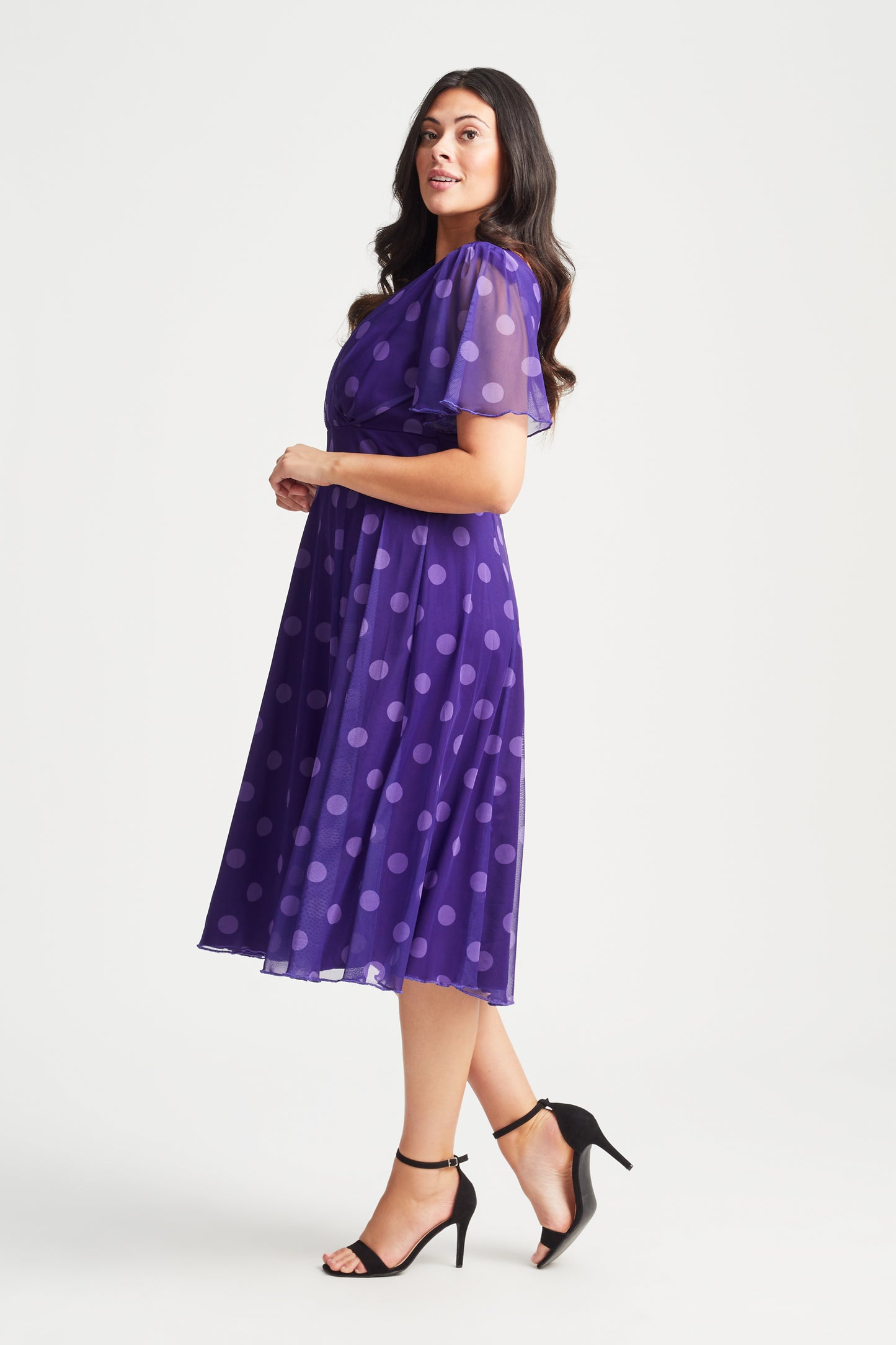 purple spot dress Victoria Purple Spot Angel Sleeve Mesh Midi Dress Scarlett & Jo