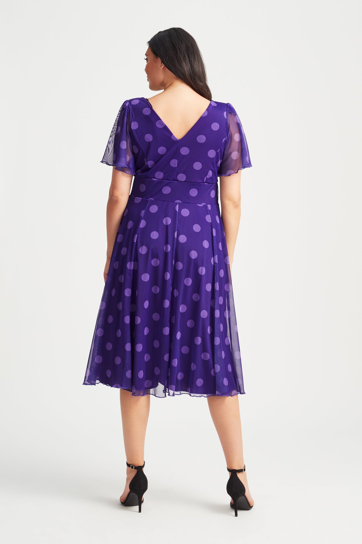Victoria Purple Spot Angel Sleeve Mesh Midi Dress – Scarlett & Jo