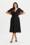 Victoria Black Velvet Flock Angel Sleeve Mesh Midi Dress