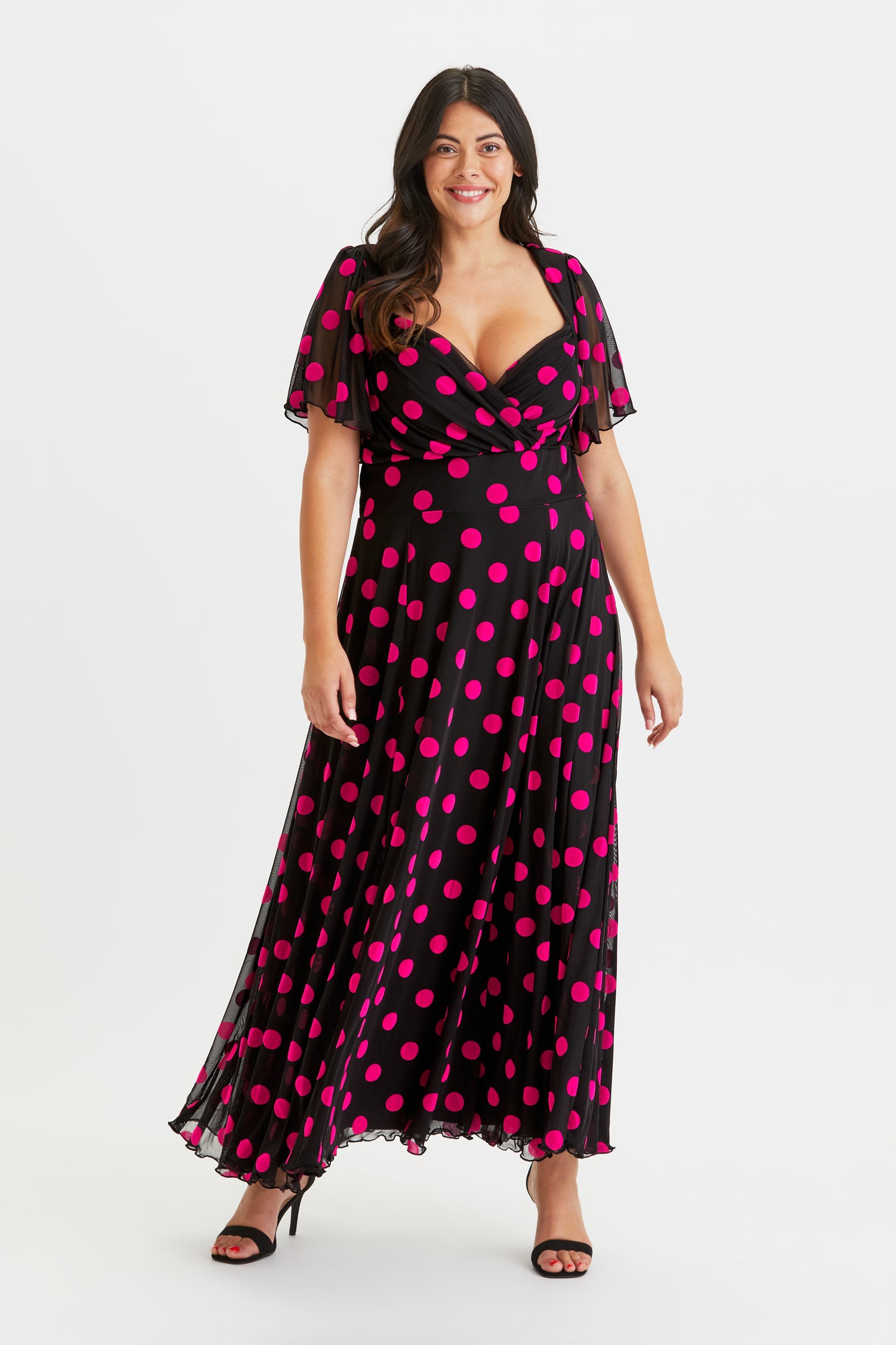 Load image into Gallery viewer, Kemi Black Pink Spot Bolero Wrap Bodice Maxi Gown
