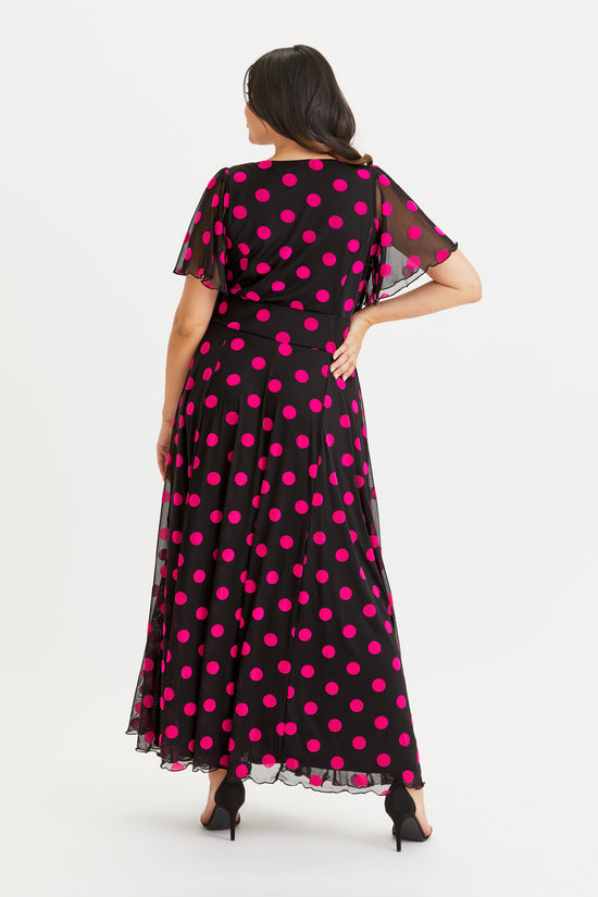 Load image into Gallery viewer, Kemi Black Pink Spot Bolero Wrap Bodice Maxi Gown
