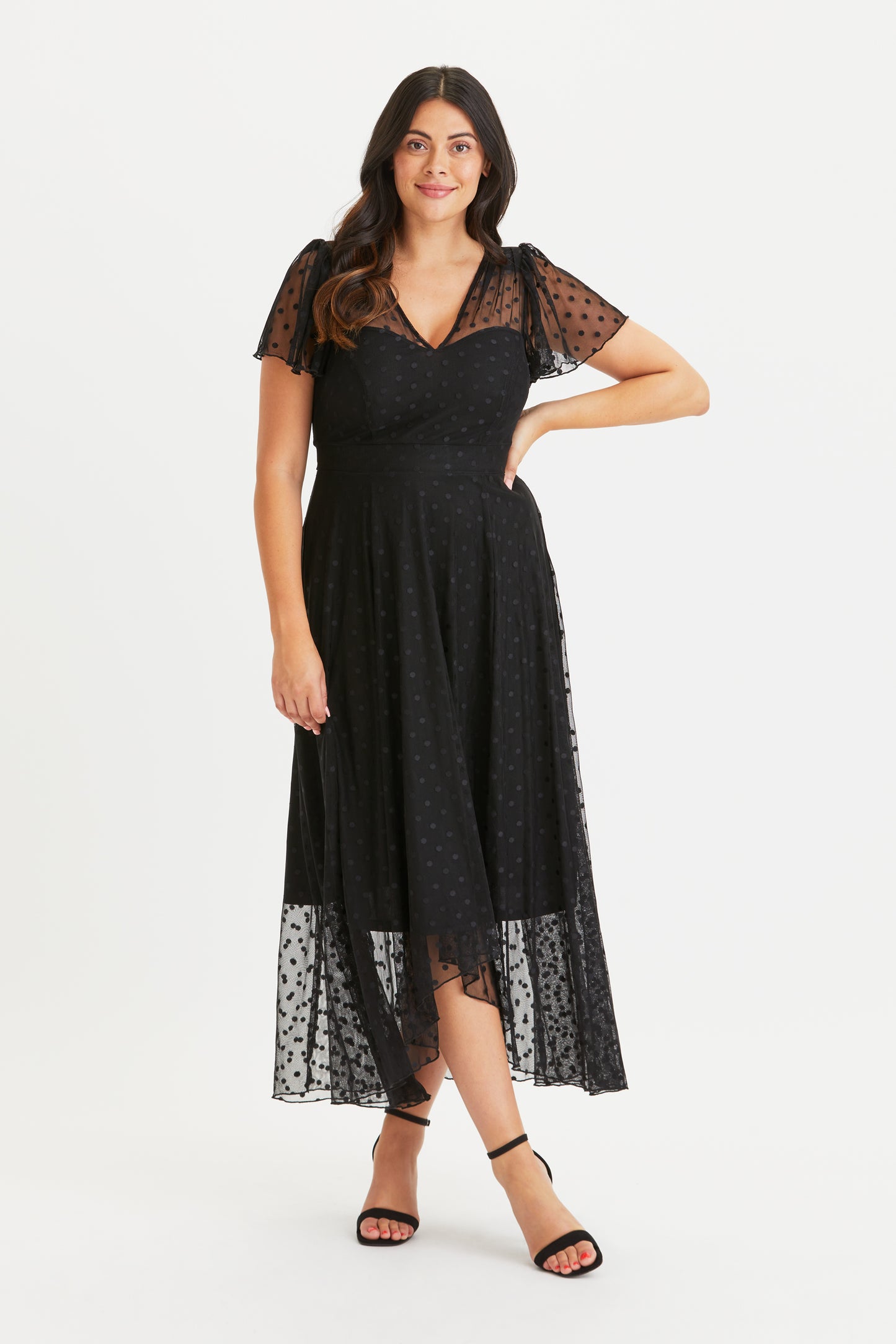 Load image into Gallery viewer, Tilly Black Dobby Spot Angel Sleeve Sweetheart Dress
