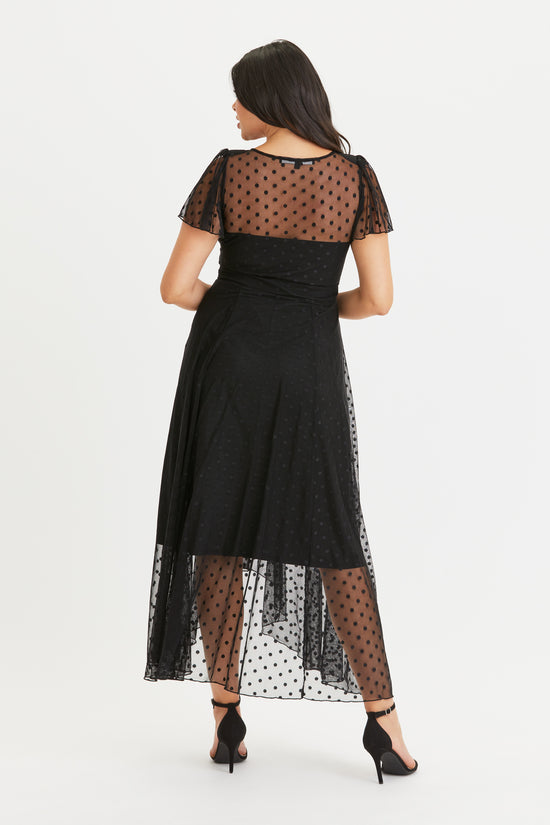 Load image into Gallery viewer, Tilly Black Dobby Spot Angel Sleeve Sweetheart Dress
