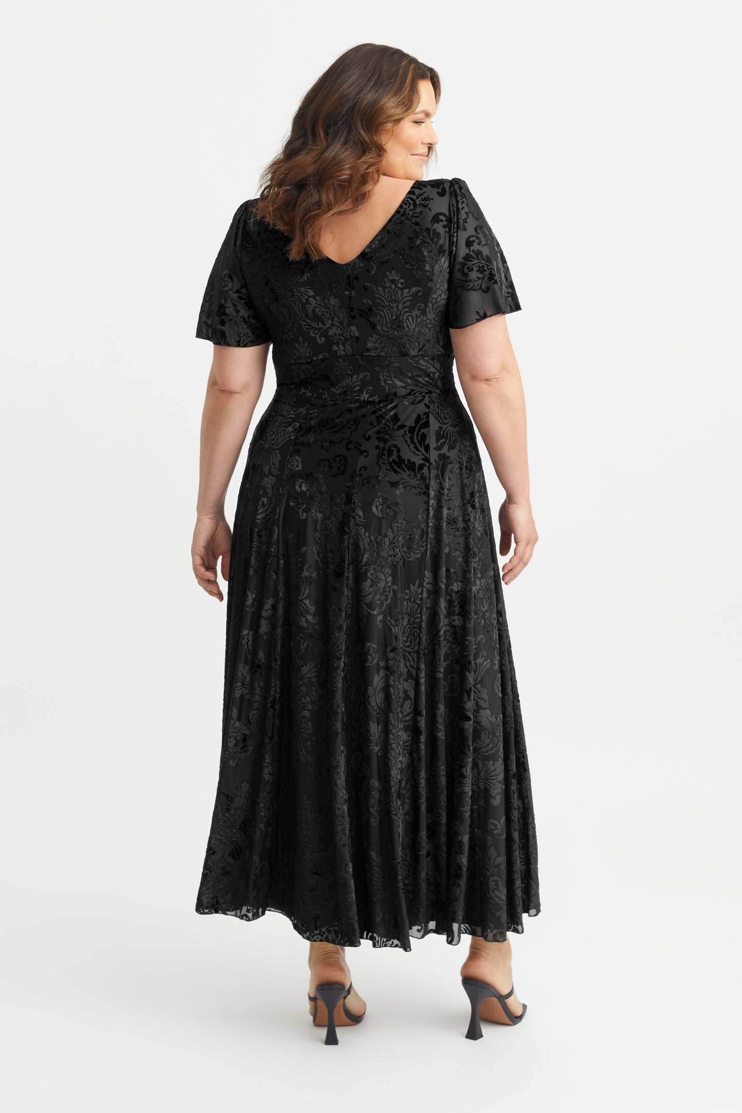Isabelle Black Velvet Flock Float Sleeve Maxi Dress