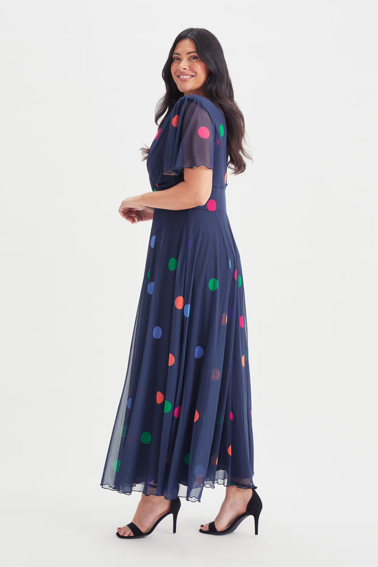 Isabelle Navy Polka Float Sleeve Maxi Dress