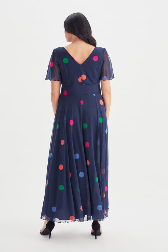 Isabelle Navy Polka Float Sleeve Maxi Dress