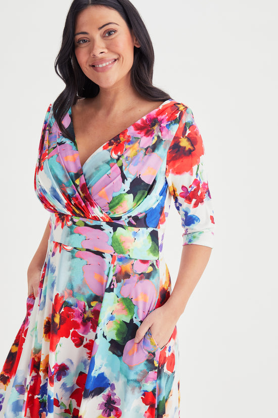 Isabella Ivory Multi Print 3/4 Sleeve Jersey Maxi Dress