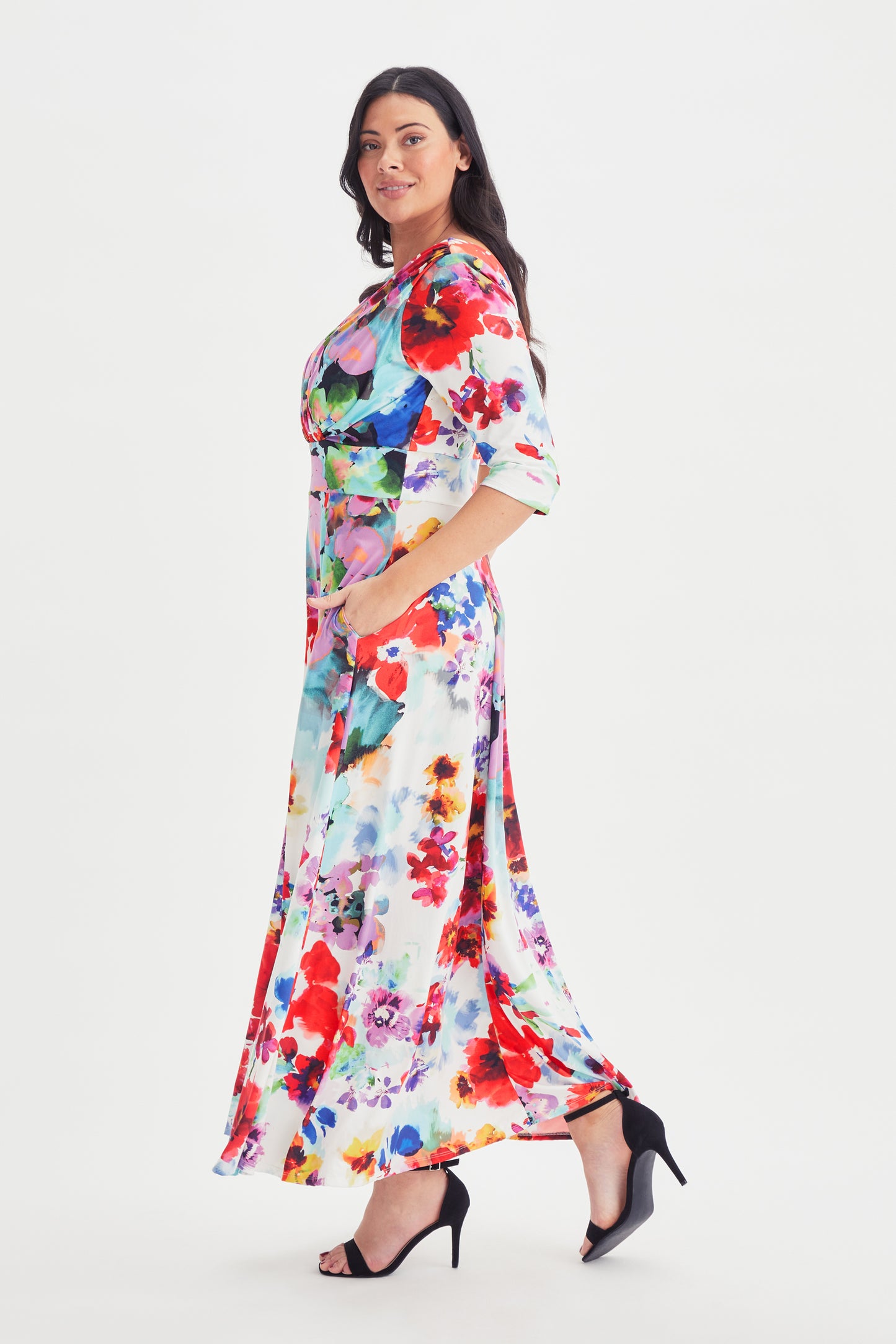 Isabella Ivory Multi Print 3/4 Sleeve Jersey Maxi Dress