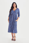 1940s Style Retro Wrap Front Blue Multi Midi Dress