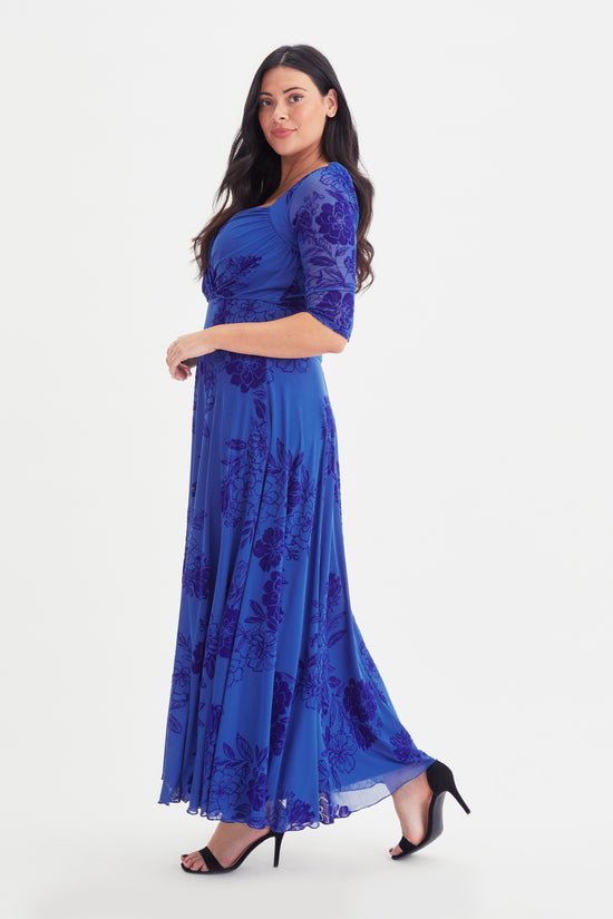 Load image into Gallery viewer, Elizabeth Blue Velvet Flocked Mesh Maxi Gown
