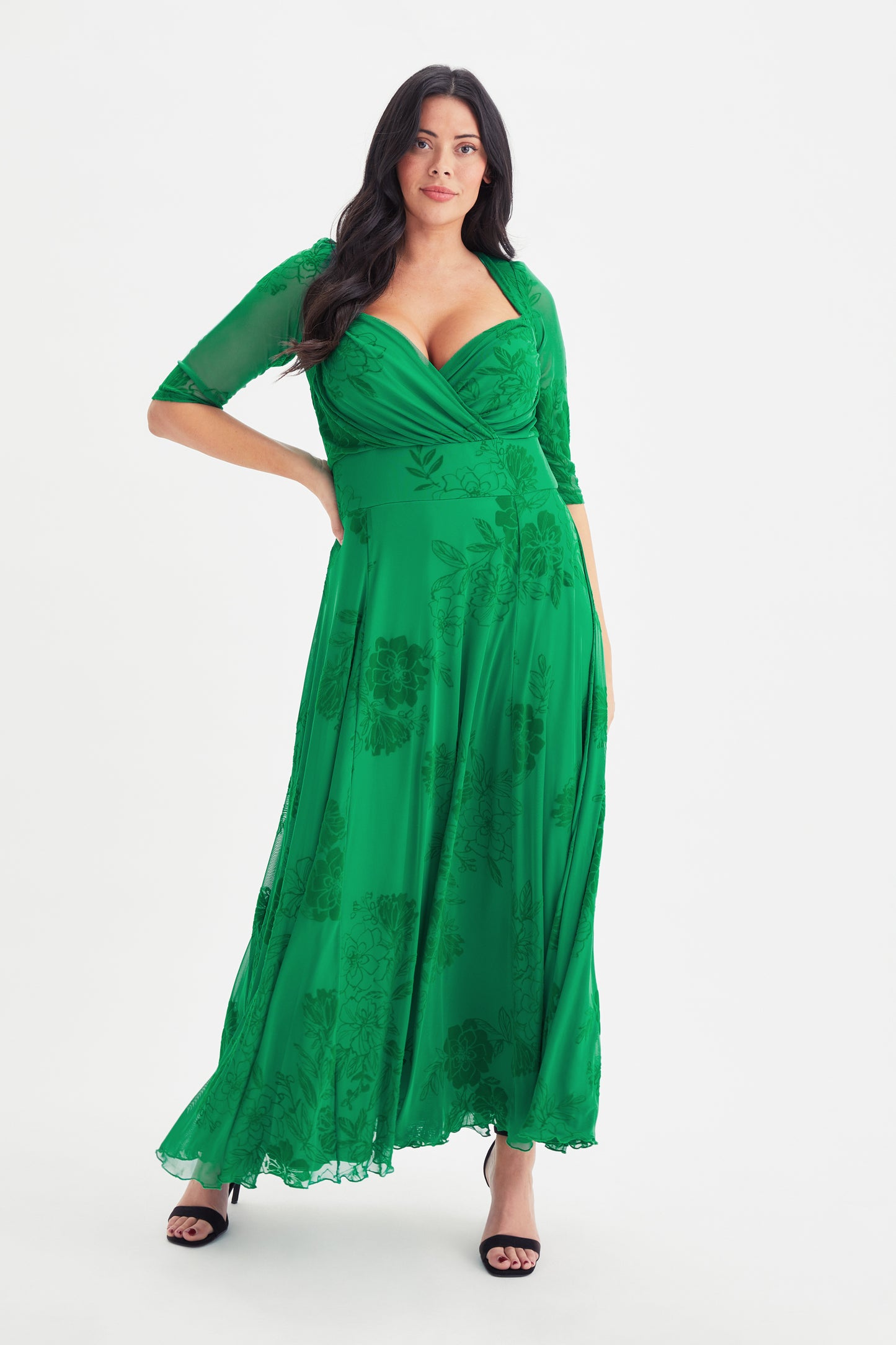 Load image into Gallery viewer, Elizabeth Green Velvet Flocked Mesh Maxi Gown

