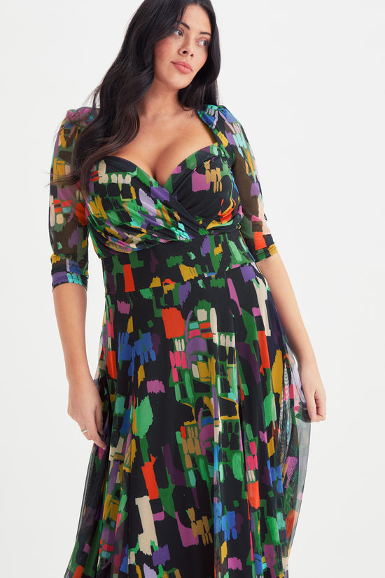 Load image into Gallery viewer, Elizabeth Black Multi Coloured Print Mesh Maxi Gown
