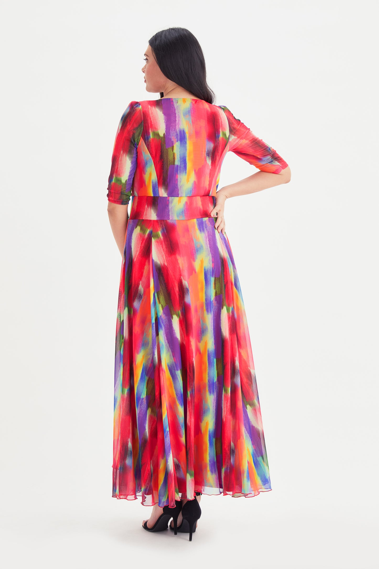 Elizabeth Red Multi Coloured Print Mesh Maxi Gown