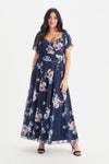 Kemi Blue Pink Rose Print Bolero Wrap Bodice Maxi Gown