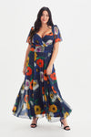 Kemi Navy Poppy Print Bolero Wrap Bodice Maxi Gown