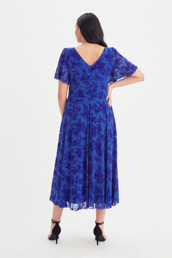 Load image into Gallery viewer, Victoria Blue Velvet Flock Angel Sleeve Mesh Midi Dress
