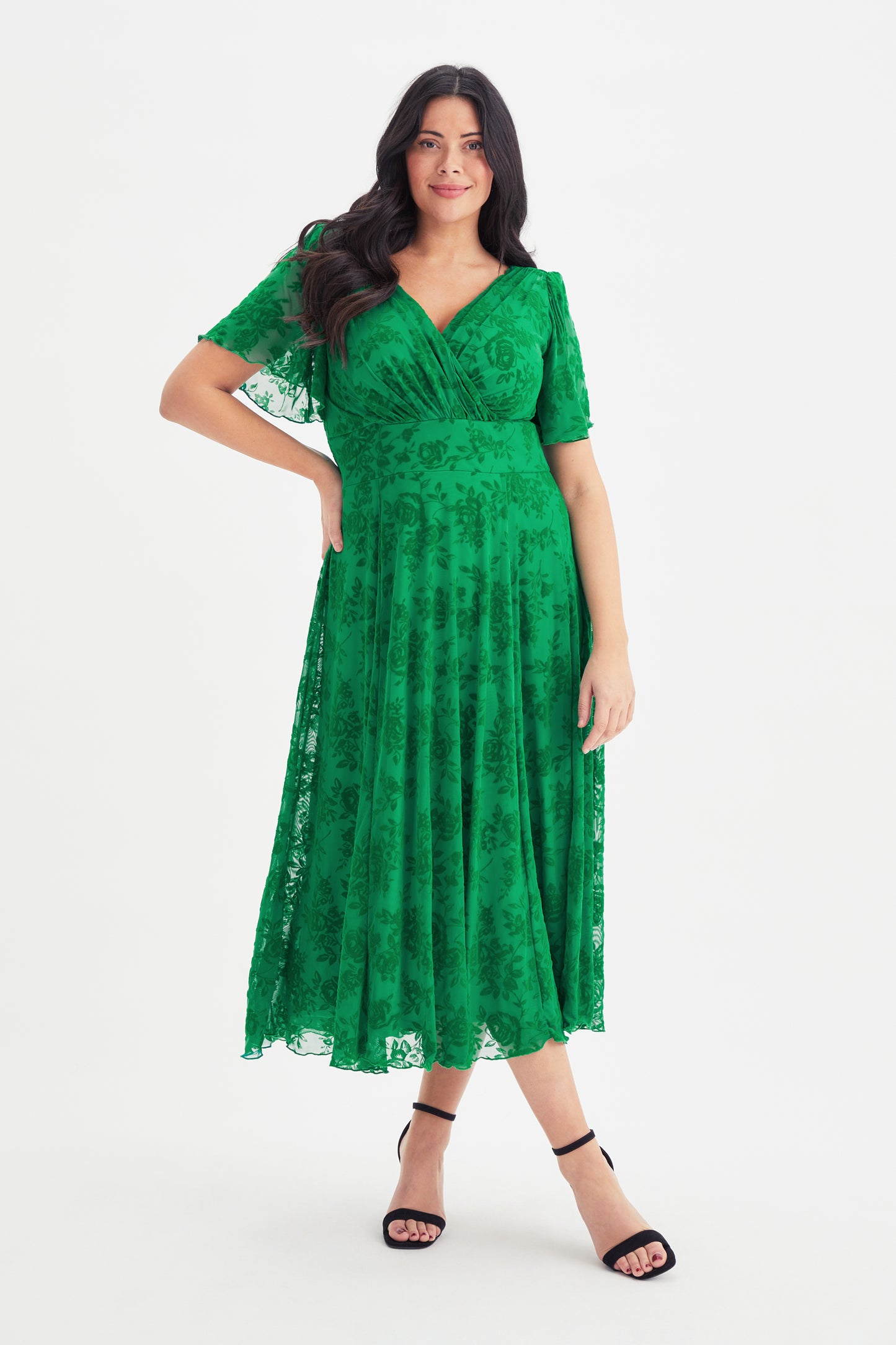 Load image into Gallery viewer, Victoria Green Velvet Flock Angel Sleeve Mesh Midi Dress
