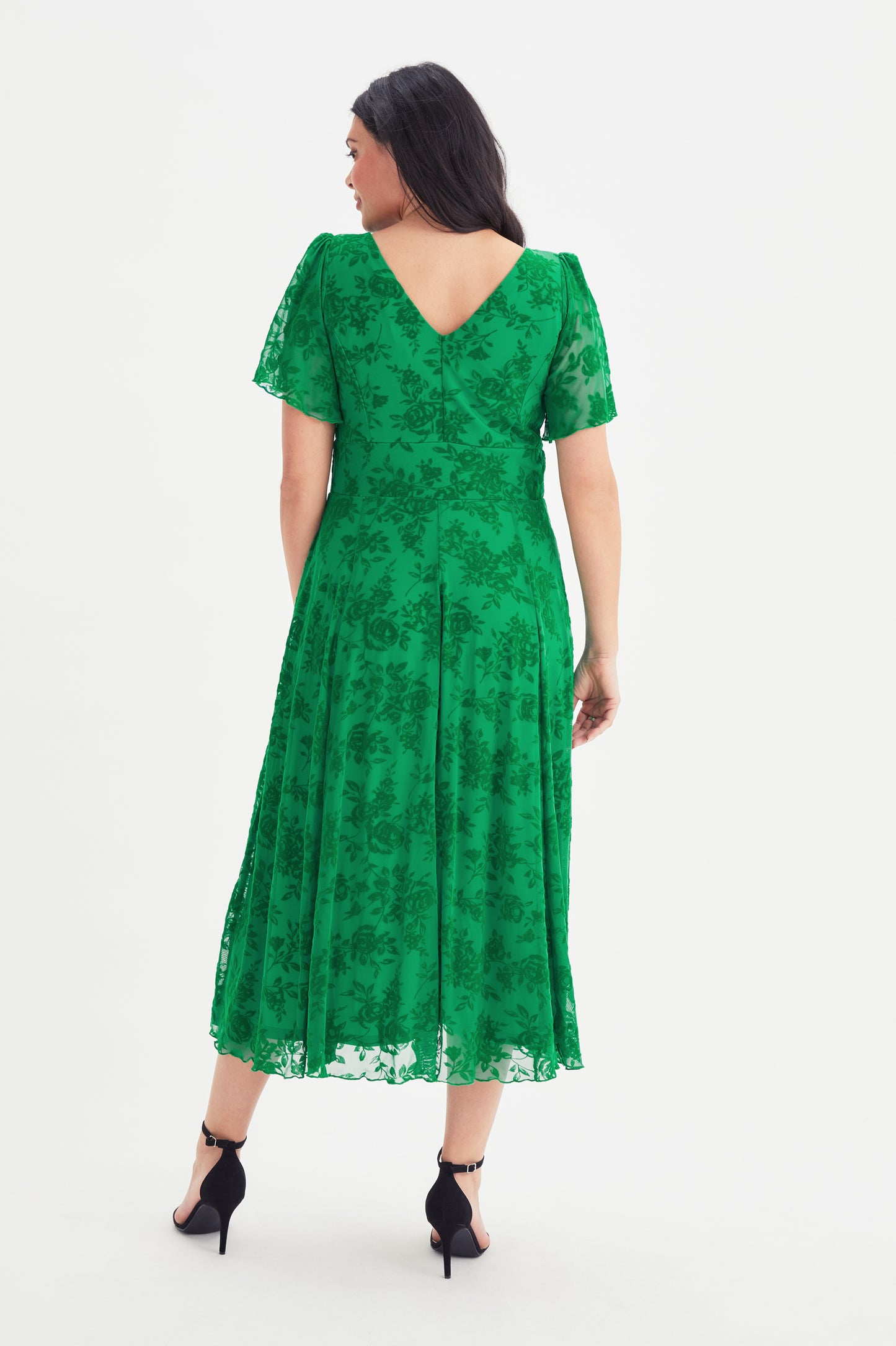 Load image into Gallery viewer, Victoria Green Velvet Flock Angel Sleeve Mesh Midi Dress
