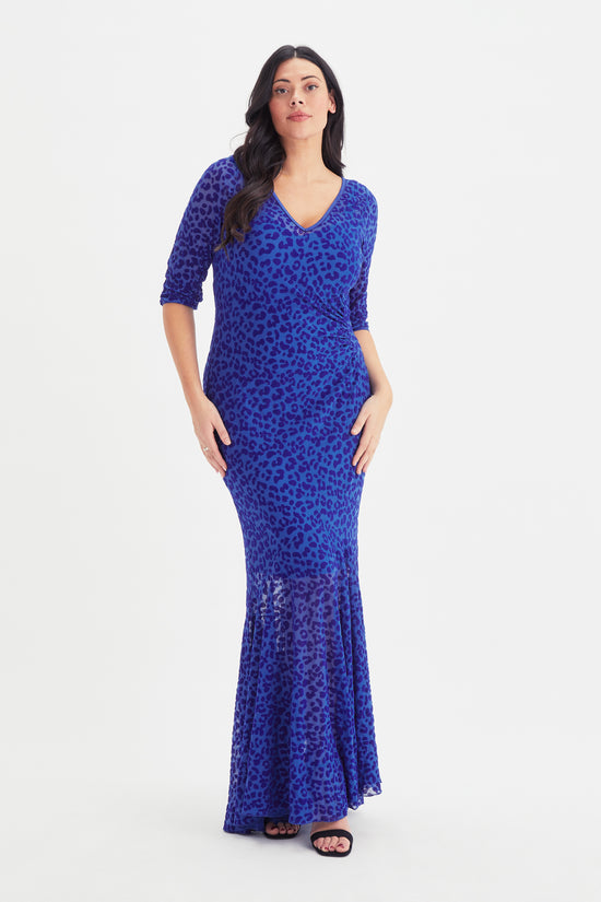 Blue Leopard Velvet Flock Fishtail Maxi Dress