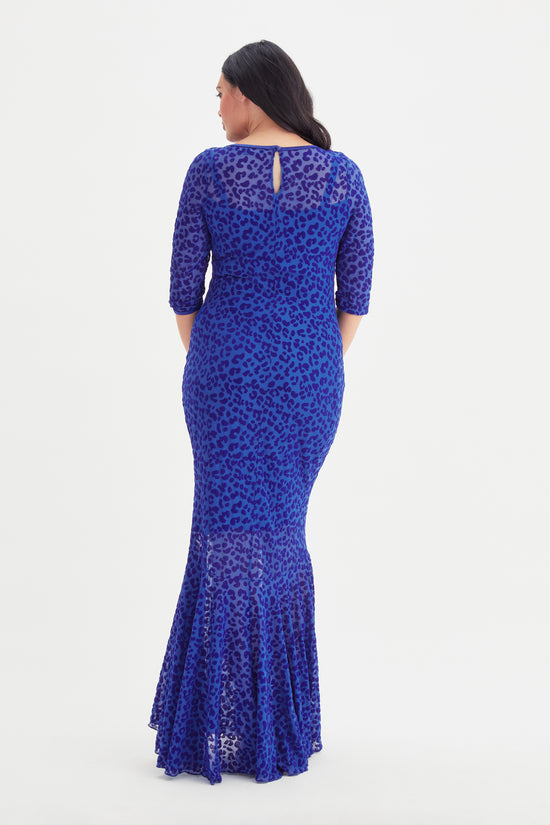 Blue Leopard Velvet Flock Fishtail Maxi Dress