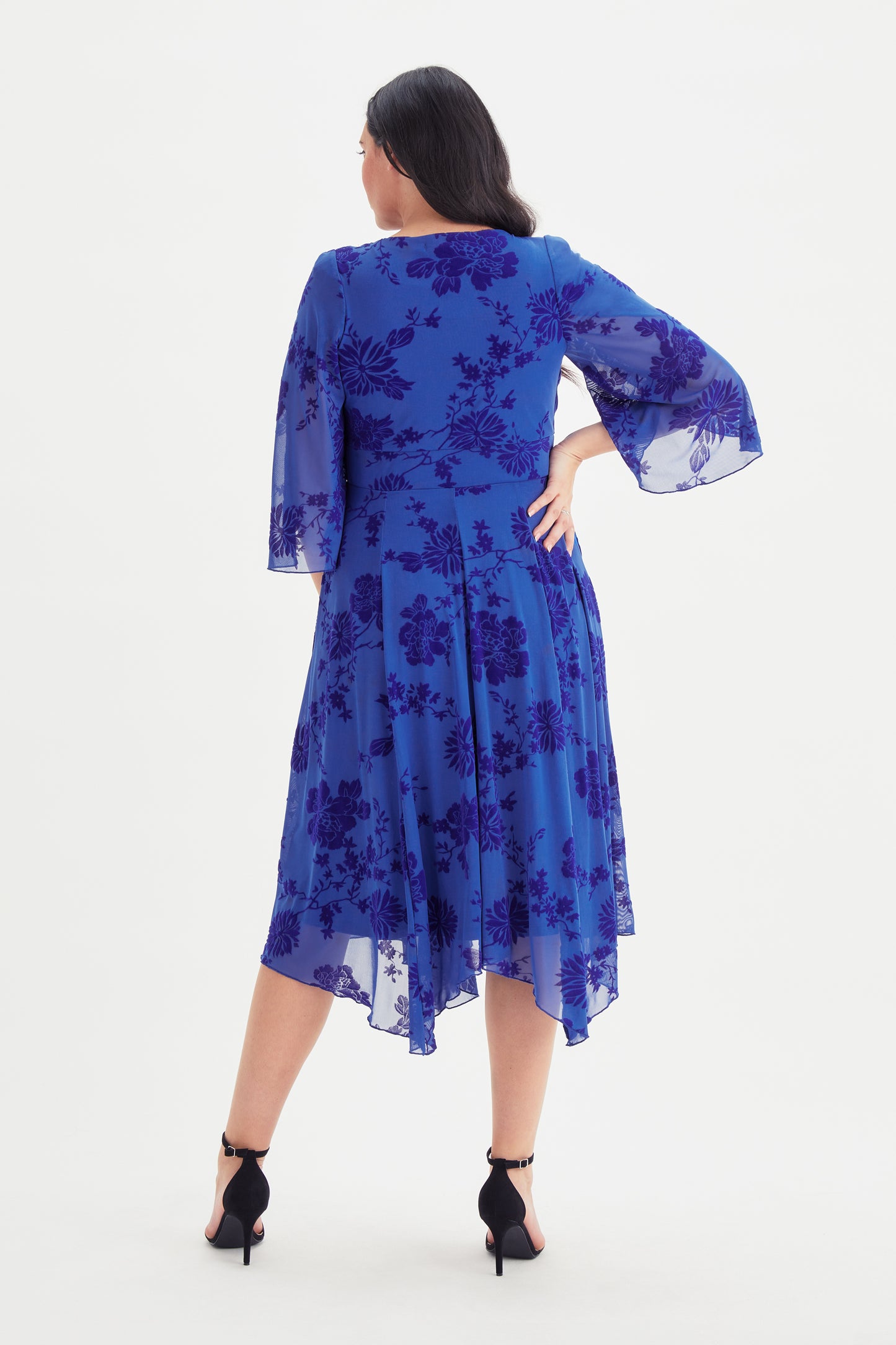 Soraya Blue Velvet Flock Hanky Hem Kimono Dress