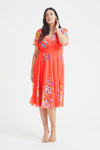 Victoria Orange Multi Print Angel Sleeve Mesh Midi Dress