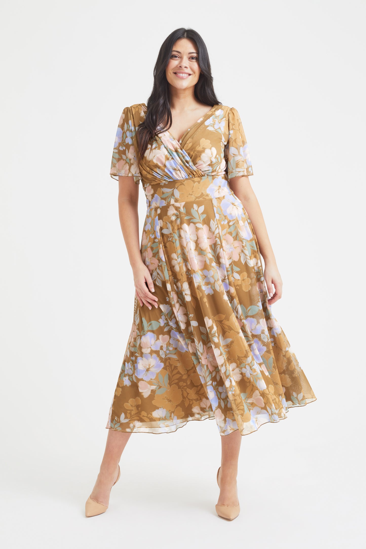 Victoria Gold Mushroom Angel Sleeve Mesh Midi Dress