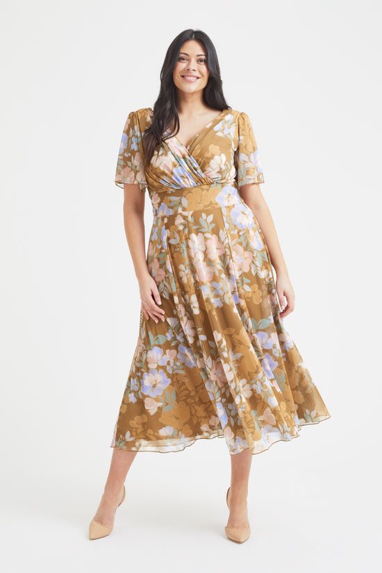 Victoria Gold Mushroom Angel Sleeve Mesh Midi Dress