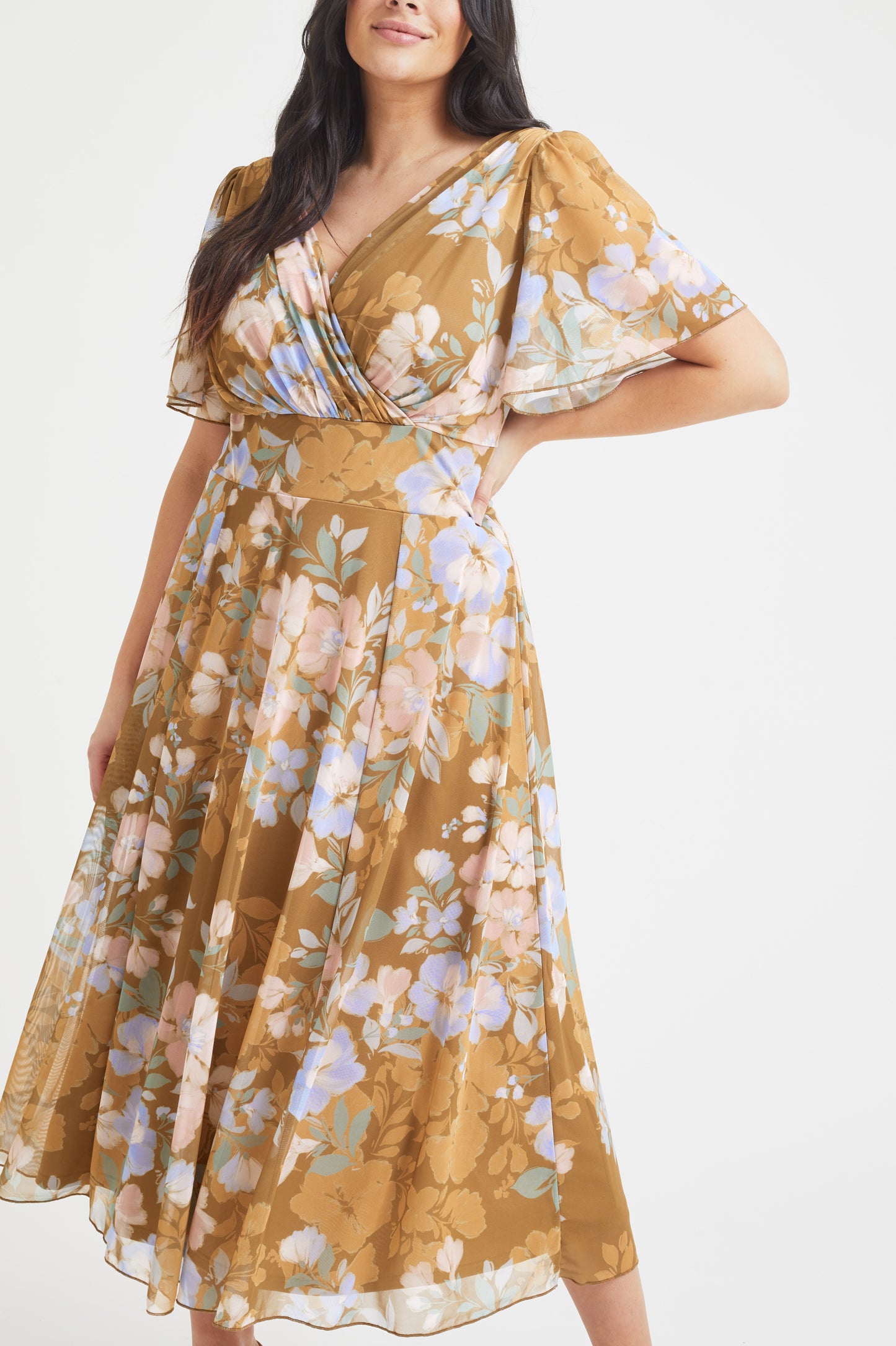 Victoria Gold Mushroom Angel Sleeve Mesh Midi Dress