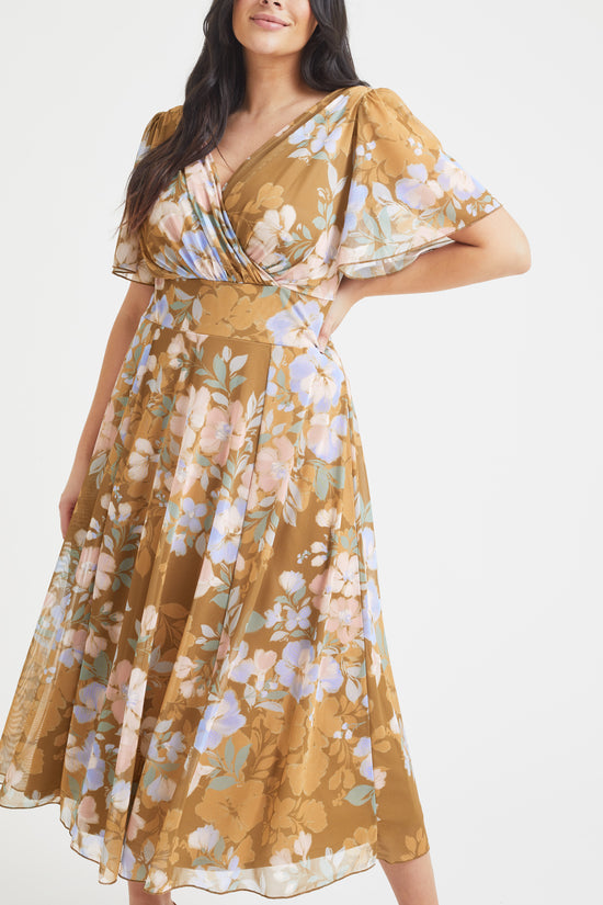 Victoria Gold Mushroom Angel Sleeve Mesh Midi Dress