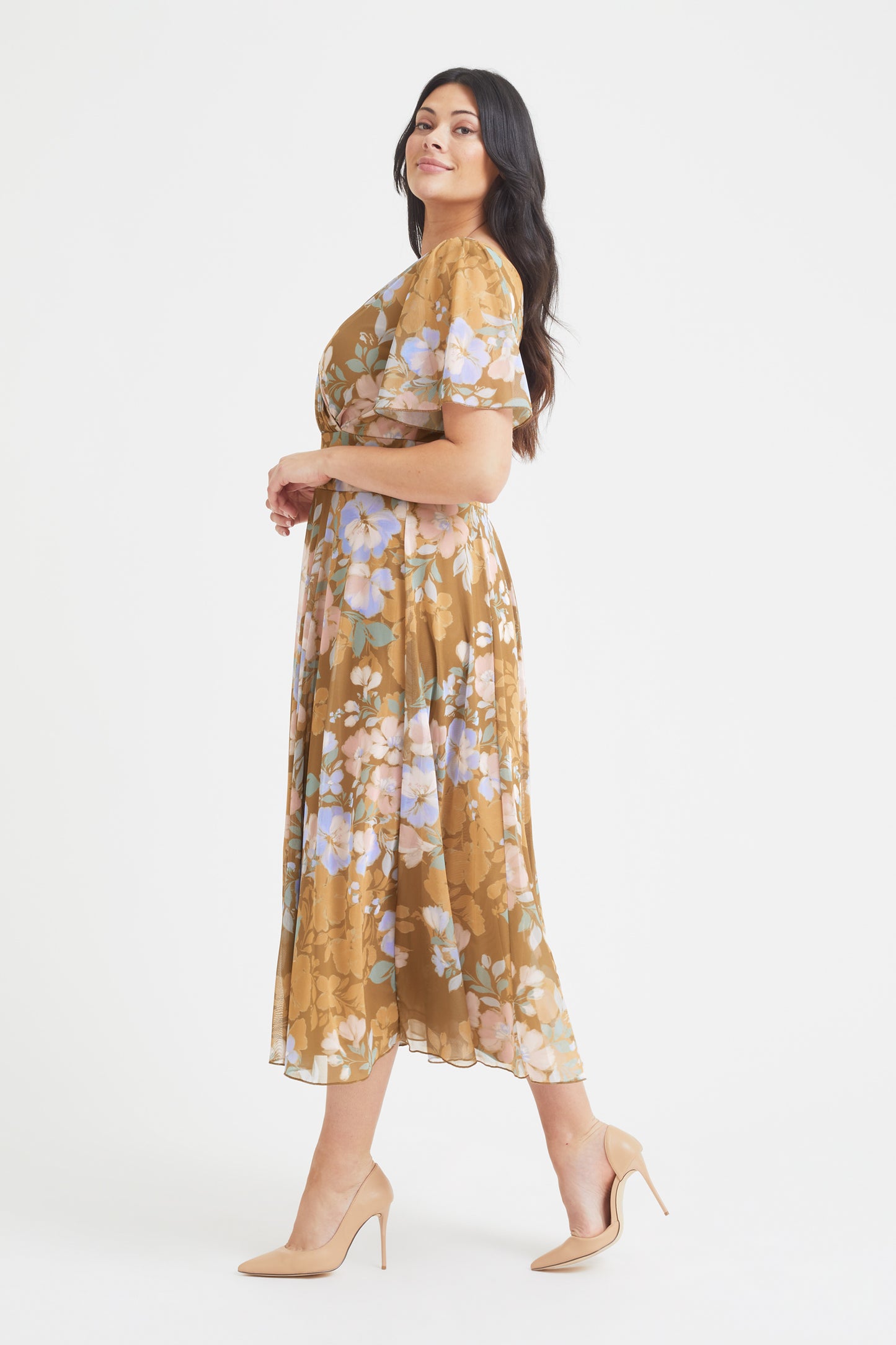 Victoria Gold Mushroom Angel Sleeve Mesh Midi Dress