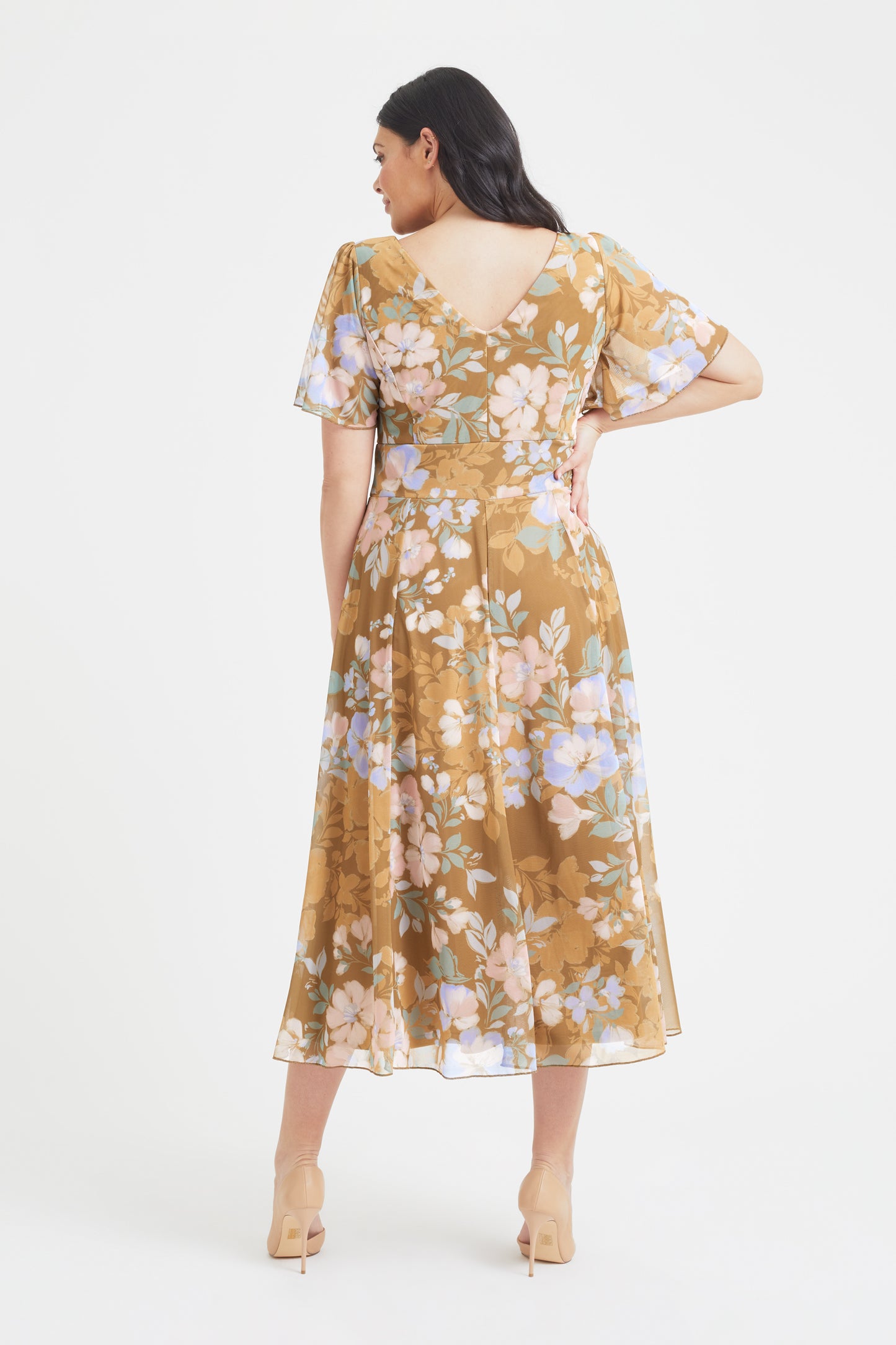 Victoria Gold Mushroom Angel Sleeve Mesh Midi Dress