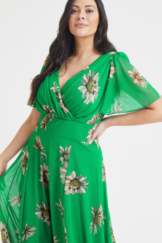 Isabelle Green Sunflower Float Sleeve Maxi Dress
