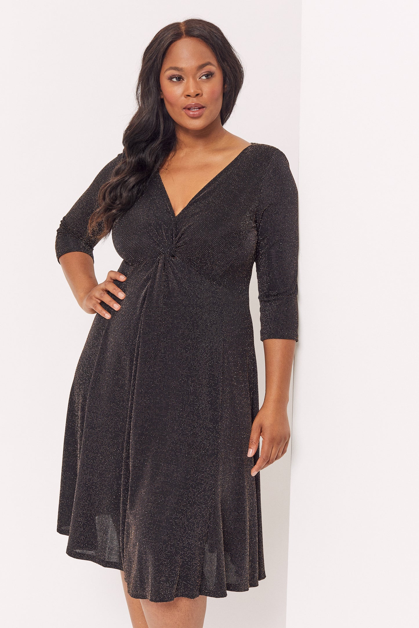 Claudette Black Gold Glitter Jersey Twist Knot Front Dress – Scarlett & Jo
