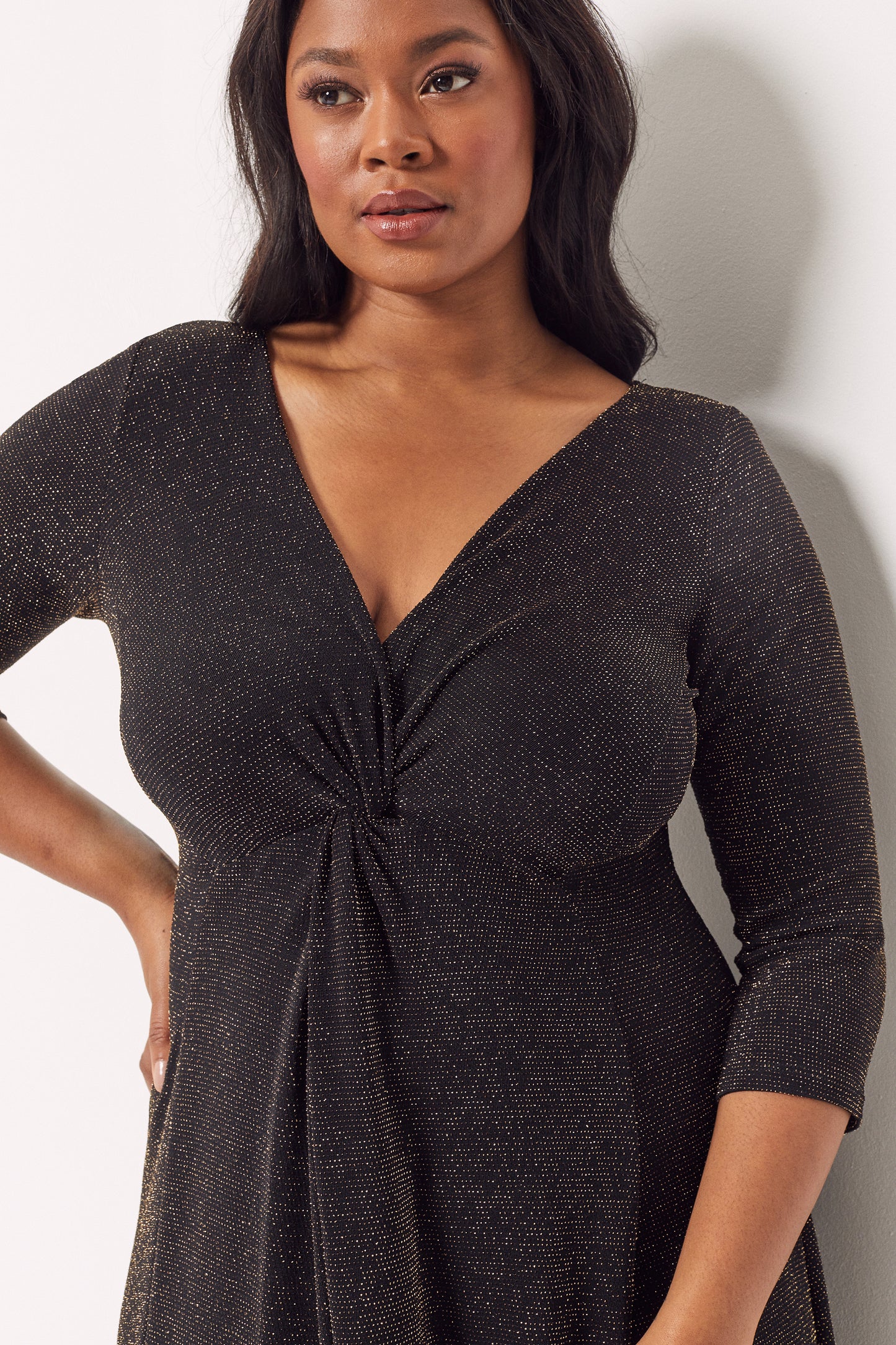 Claudette Black Gold Glitter Jersey Twist Knot Front Dress – Scarlett & Jo